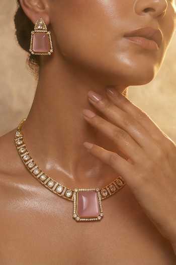 Tussya Gold Plated Stone Drop Necklace And Earrings Set at Aza Fashions Tussya_Gold Plated Stone Drop Necklace And Earrings Set _at_Aza_Fashions