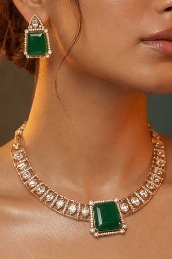 Tussya Gold Plated Green Stone Necklace And Earrings Set Online at Aza Fashions Tussya_Gold Plated Green Stone Necklace And Earrings Set _Online_at_Aza_Fashions