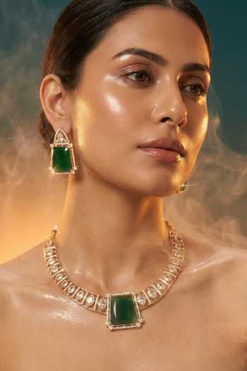 Shop Tussya Gold Plated Green Stone Necklace And Earrings Set Online at Aza Fashions Shop_Tussya_Gold Plated Green Stone Necklace And Earrings Set _Online_at_Aza_Fashions