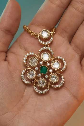 Shop Tussya Gold Plated Floret Pendant Necklace And Earrings Set Online at Aza Fashions Shop_Tussya_Gold Plated Floret Pendant Necklace And Earrings Set _Online_at_Aza_Fashions