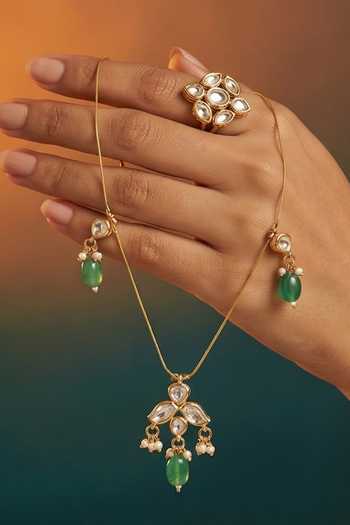 Shop Tussya Gold Plated Floral Carved Necklace And Earrings Set Online at Aza Fashions Shop_Tussya_Gold Plated Floral Carved Necklace And Earrings Set _Online_at_Aza_Fashions