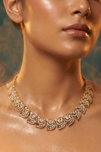 Shop Tussya Gold Plated Kundan Work Necklace And Earrings Set Online at Aza Fashions Shop_Tussya_Gold Plated Kundan Work Necklace And Earrings Set _Online_at_Aza_Fashions