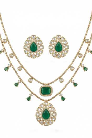 Tussya Gold Plated Layered Stone Drop Necklace And Earrings Set Online at Aza Fashions Tussya_Gold Plated Layered Stone Drop Necklace And Earrings Set _Online_at_Aza_Fashions