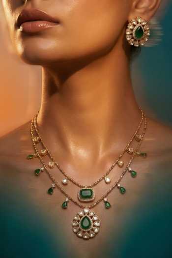 Shop Tussya Gold Plated Layered Stone Drop Necklace And Earrings Set Online at Aza Fashions Shop_Tussya_Gold Plated Layered Stone Drop Necklace And Earrings Set _Online_at_Aza_Fashions