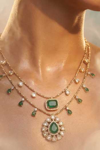 Tussya Gold Plated Layered Stone Drop Necklace And Earrings Set at Aza Fashions Tussya_Gold Plated Layered Stone Drop Necklace And Earrings Set _at_Aza_Fashions