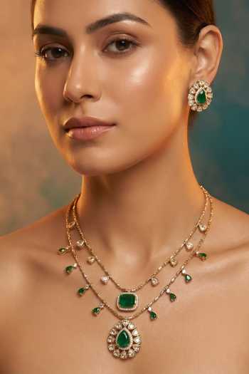 Buy Tussya Gold Plated Layered Stone Drop Necklace And Earrings Set Buy_Tussya_Gold Plated Layered Stone Drop Necklace And Earrings Set