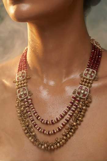 Tussya Gold Plated Beaded Layered Necklace And Earrings Set Online at Aza Fashions Tussya_Gold Plated Beaded Layered Necklace And Earrings Set _Online_at_Aza_Fashions