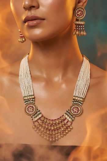 Tussya Gold Plated Layered Pearl Necklace And Earrings Set Online at Aza Fashions Tussya_Gold Plated Layered Pearl Necklace And Earrings Set _Online_at_Aza_Fashions