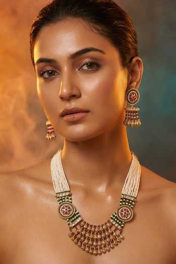 Shop Tussya Gold Plated Layered Pearl Necklace And Earrings Set Online at Aza Fashions Shop_Tussya_Gold Plated Layered Pearl Necklace And Earrings Set _Online_at_Aza_Fashions