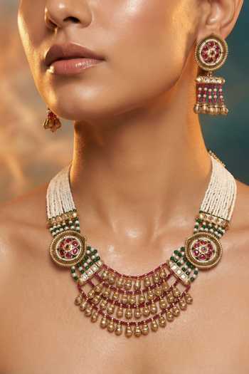 Tussya Gold Plated Layered Pearl Necklace And Earrings Set at Aza Fashions Tussya_Gold Plated Layered Pearl Necklace And Earrings Set _at_Aza_Fashions