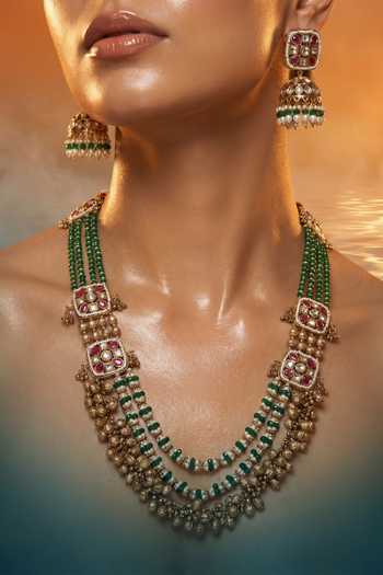Shop Tussya Gold Plated Multi Strand Beaded Necklace And Earrings Set Online at Aza Fashions Shop_Tussya_Gold Plated Multi Strand Beaded Necklace And Earrings Set _Online_at_Aza_Fashions