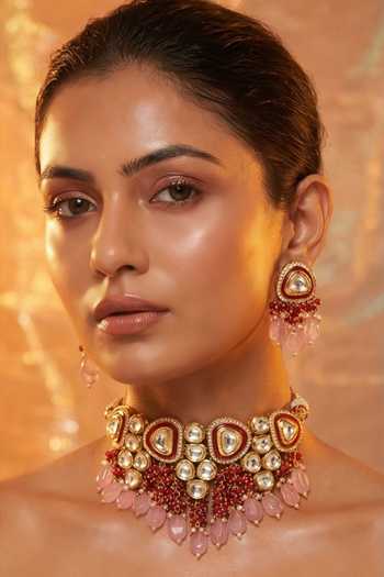 Tussya Gold Plated Contrast Stone Drop Necklace And Earrings Set Online at Aza Fashions Tussya_Gold Plated Contrast Stone Drop Necklace And Earrings Set _Online_at_Aza_Fashions