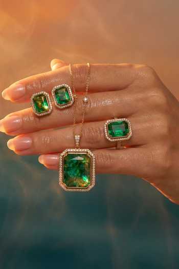 Tussya Gold Plated Green Stone Pendant Necklace And Earrings Set Online at Aza Fashions Tussya_Gold Plated Green Stone Pendant Necklace And Earrings Set _Online_at_Aza_Fashions