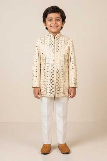 Kaaj Button Beige Mirror Work Bandhgala Set For Kids