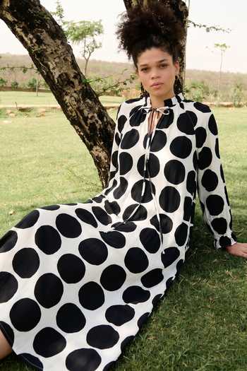 RAAS LIFE_Black Cotton, Linen Keyhole Neck Daisy Polka Dot Dress _Online_at_Aza_Fashions