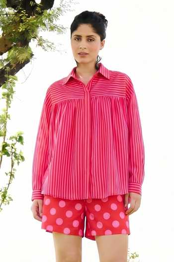 RAAS LIFE Pink Silk, Cotton, Linen Collared Neck Bebo Striped Top And Shorts Set Online at Aza Fashions RAAS LIFE_Pink Silk, Cotton, Linen Collared Neck Bebo Striped Top And Shorts Set _Online_at_Aza_Fashions