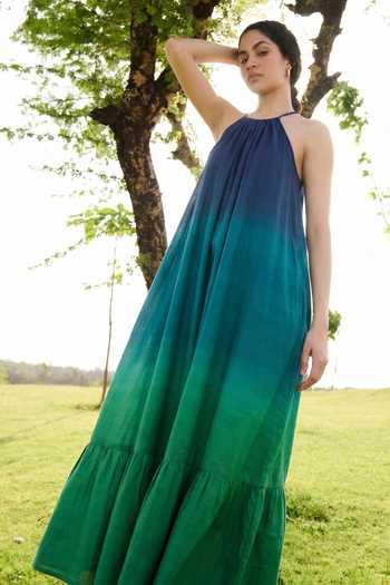 Buy RAAS LIFE Blue Cotton, Linen Halter Neck Birds Of Paradise Ombre Dress Online at Aza Fashions Buy_RAAS LIFE_Blue Cotton, Linen Halter Neck Birds Of Paradise Ombre Dress _Online_at_Aza_Fashions