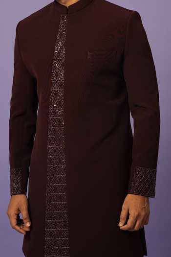 Buy_YOSEBA_Wine Silk, Cotton Cut Work, Sequins Panelled Achkan With Trouser For Kids_Online_at_Aza_Fashions