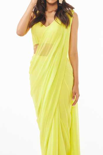Ankita Bajaj Label Lime Yellow Pre-Draped Saree Set For Kids