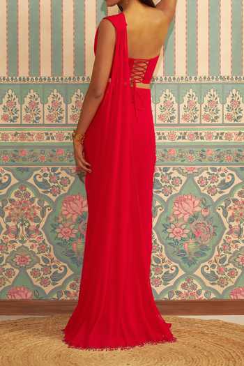 Ankita Bajaj Label Red Pre-Draped Saree With Blouse For Kids