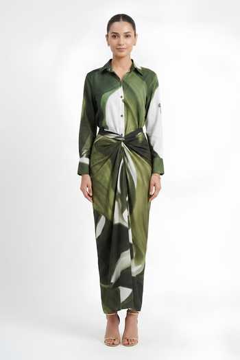Shop Poppi Green Silk, Bemberg Collared Neck Abstract Print Shirt With Skirt Online at Aza Fashions Shop_Poppi_Green Silk, Bemberg Collared Neck Abstract Print Shirt With Skirt _Online_at_Aza_Fashions
