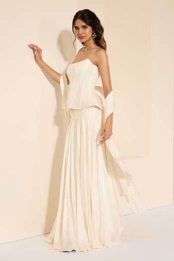 K&A By Karishma and Ashita_Ivory Cotton Satin Pearls Bandeau Neck Pre-draped Saree With Corset _at_Aza_Fashions