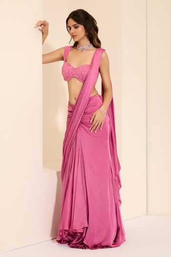 K&A By Karishma and Ashita Pre-Draped Saree With Rose Chantilly Bustier 