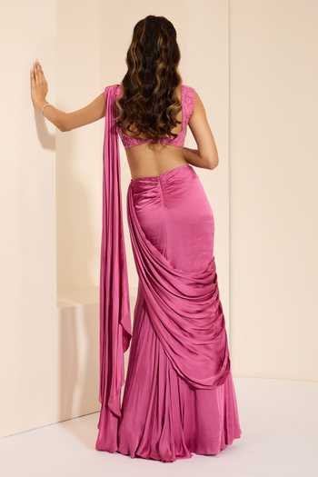 K&A By Karishma and Ashita Pre-Draped Saree With Rose Chantilly Bustier 