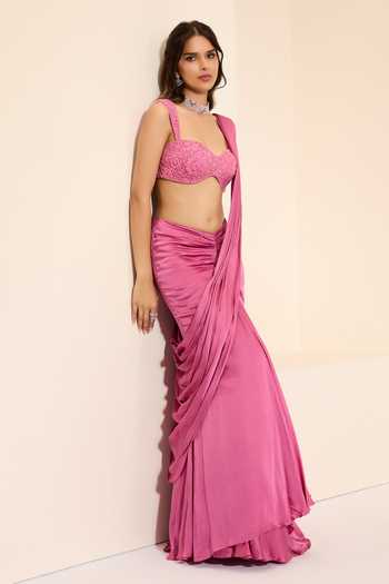 Buy_K&A By Karishma and Ashita_Pink Cotton Satin Sweetheart Neck Pre-draped Saree With Rose Chantilly Bustier _Online_at_Aza_Fashions