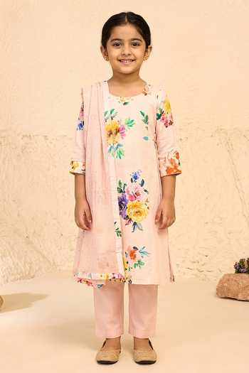 Chrkha Pink Floral Print Kurta Set For Kids