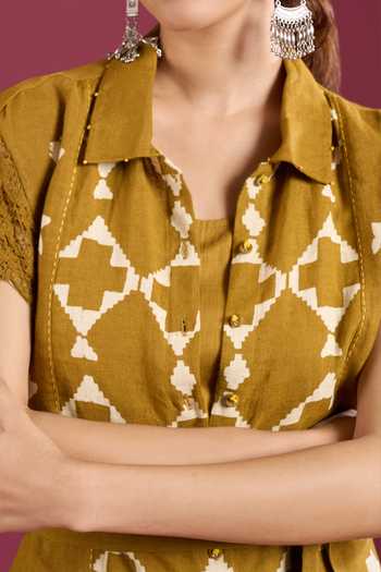 Buy Arcvsh By Pallavi Singh Green Linen Collared Neck Printed Shirt Kurta Online at Aza Fashions Buy_Arcvsh By Pallavi Singh_Green Linen Collared Neck Printed Shirt Kurta _Online_at_Aza_Fashions