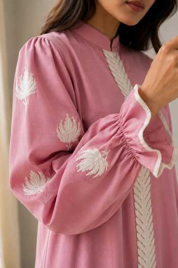 Buy_Wazir C_Pink Linen Mandarin Collar Sehar Kashmiri Aari Embroidered Dress _Online_at_Aza_Fashions
