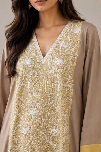 Wazir C Yellow Linen V-neck Sehar Kashmiri Floral Embroidered Dress Online at Aza Fashions Wazir C_Yellow Linen V-neck Sehar Kashmiri Floral Embroidered Dress _Online_at_Aza_Fashions
