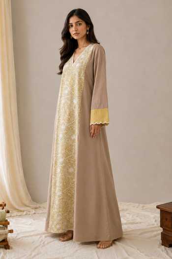Buy Wazir C Yellow Linen V-neck Sehar Kashmiri Floral Embroidered Dress Online at Aza Fashions Buy_Wazir C_Yellow Linen V-neck Sehar Kashmiri Floral Embroidered Dress _Online_at_Aza_Fashions
