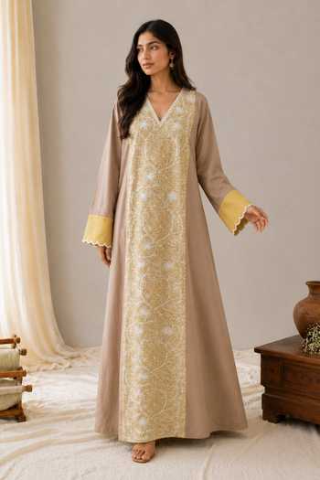 Shop Wazir C Yellow Linen V-neck Sehar Kashmiri Floral Embroidered Dress Online at Aza Fashions Shop_Wazir C_Yellow Linen V-neck Sehar Kashmiri Floral Embroidered Dress _Online_at_Aza_Fashions