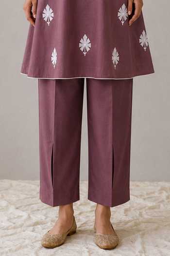Wazir C_Lavender Linen Mandarin Collar, Yes Sehar Kashmiri Embroidered Kurta And Pant Set _Online_at_Aza_Fashions