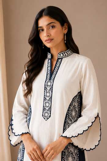 Shop_Wazir C_White Linen Mandarin Collar Sehar Kashmiri Embroidered Dress _Online_at_Aza_Fashions