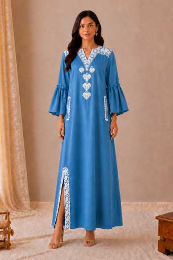 Wazir C_Blue Cotton Split V-neck Sehar Kashmirir Embroidered Dress _Online_at_Aza_Fashions