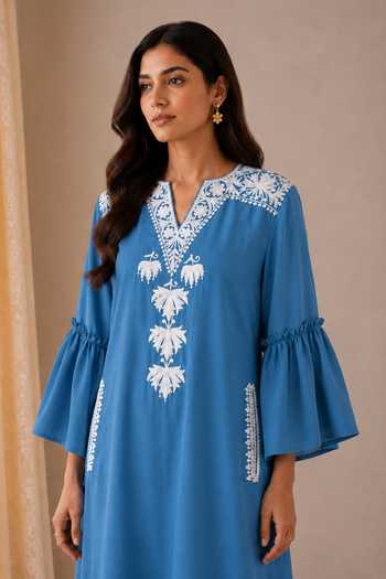 Buy_Wazir C_Blue Cotton Split V-neck Sehar Kashmirir Embroidered Dress _Online_at_Aza_Fashions
