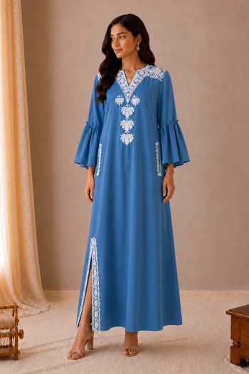 Shop_Wazir C_Blue Cotton Split V-neck Sehar Kashmirir Embroidered Dress _Online_at_Aza_Fashions