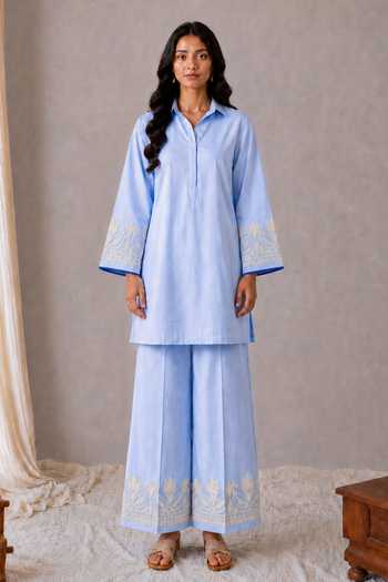 Wazir C_Blue Linen Collared Neck Sehar Aari Embroidered Top And Pant Set _Online_at_Aza_Fashions