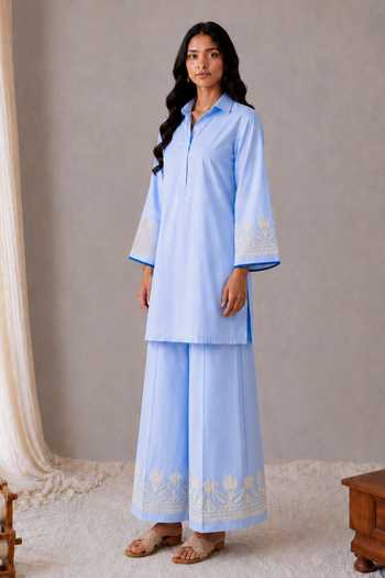 Buy_Wazir C_Blue Linen Collared Neck Sehar Aari Embroidered Top And Pant Set _Online_at_Aza_Fashions