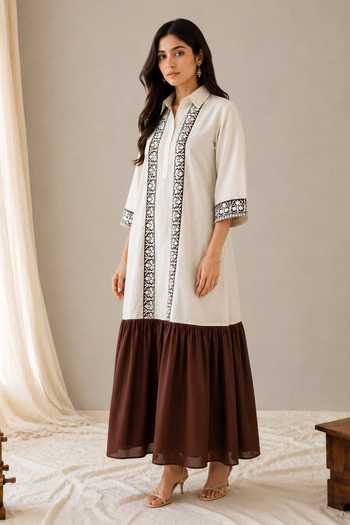 Wazir C_White Cotton, Linen Collared Neck Sehar Kashmiri Aari Work Color Block Dress _Online_at_Aza_Fashions