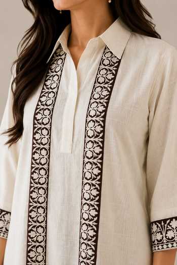 Shop_Wazir C_White Cotton, Linen Collared Neck Sehar Kashmiri Aari Work Color Block Dress _Online_at_Aza_Fashions