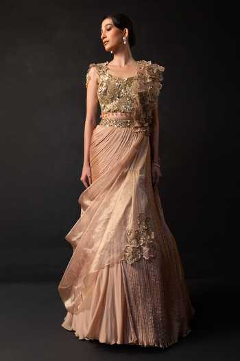 Buy Smriti By Anju Agarwal Rose Gold Organza, Chinon Round Neck Blush Sculpt Lehenga And Blouse Set Online at Aza Fashions Buy_Smriti By Anju Agarwal_Rose Gold Organza, Chinon Round Neck Blush Sculpt Lehenga And Blouse Set _Online_at_Aza_Fashions