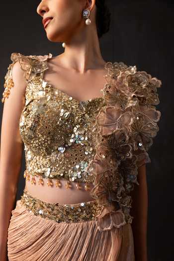 Shop Smriti By Anju Agarwal Rose Gold Organza, Chinon Round Neck Blush Sculpt Lehenga And Blouse Set Online at Aza Fashions Shop_Smriti By Anju Agarwal_Rose Gold Organza, Chinon Round Neck Blush Sculpt Lehenga And Blouse Set _Online_at_Aza_Fashions