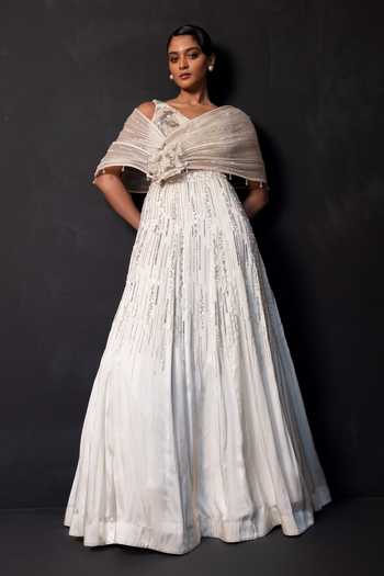 Buy Smriti By Anju Agarwal Ivory Satin, Modal One Shoulder Embroidered Drape Attached Lehenga Set Online at Aza Fashions Buy_Smriti By Anju Agarwal_Ivory Satin, Modal One Shoulder Embroidered Drape Attached Lehenga Set _Online_at_Aza_Fashions