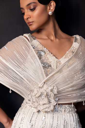 Shop Smriti By Anju Agarwal Ivory Satin, Modal One Shoulder Embroidered Drape Attached Lehenga Set Online at Aza Fashions Shop_Smriti By Anju Agarwal_Ivory Satin, Modal One Shoulder Embroidered Drape Attached Lehenga Set _Online_at_Aza_Fashions