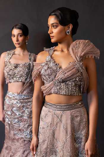 Smriti By Anju Agarwal Brown Satin Sweetheart Neck Ash Rose Draped Blouse And Embroidered Skirt Set Online at Aza Fashions Smriti By Anju Agarwal_Brown Satin Sweetheart Neck Ash Rose Draped Blouse And Embroidered Skirt Set _Online_at_Aza_Fashions