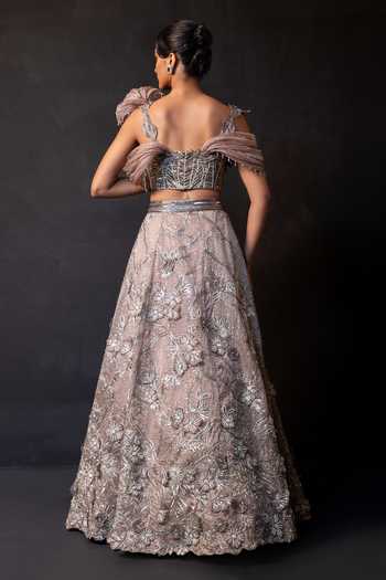Smriti By Anju Agarwal Ash Rose Draped Blouse & Embroidered Skirt Set 
